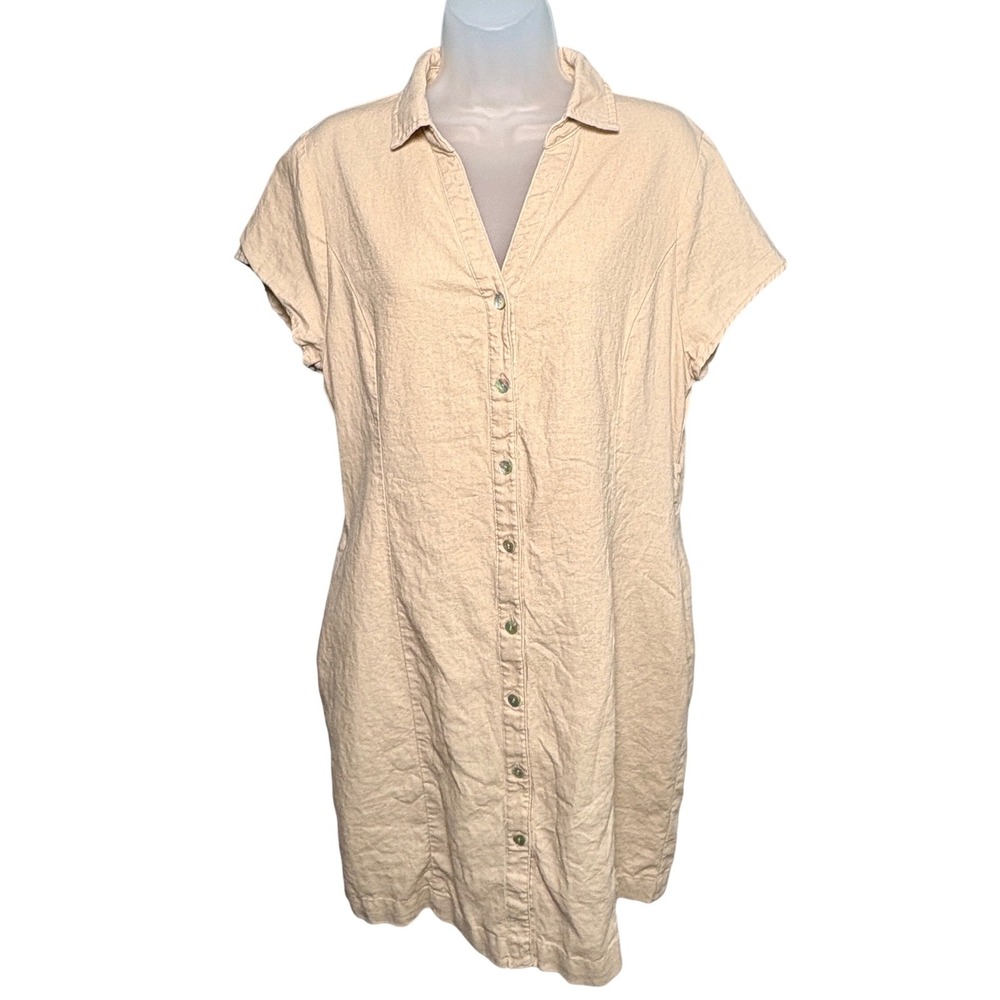 L Shirt Dress linen Love Tree Beige Blend Button Front Short Sleeve Mini